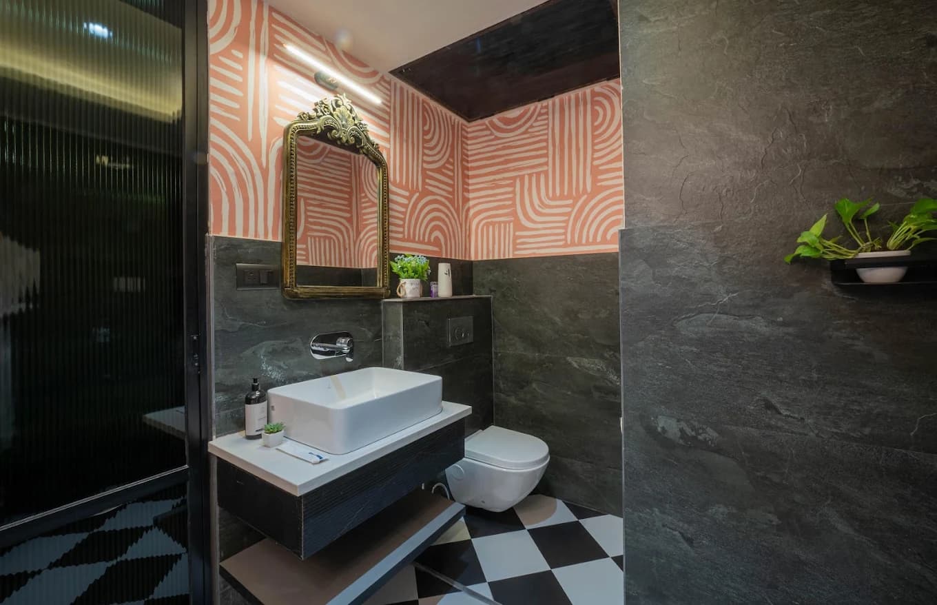 Slate washroom with checkerboard floor